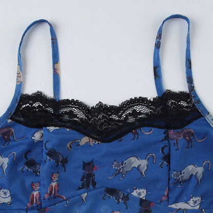 Blue Mesh Lace Animal Print Crop Top