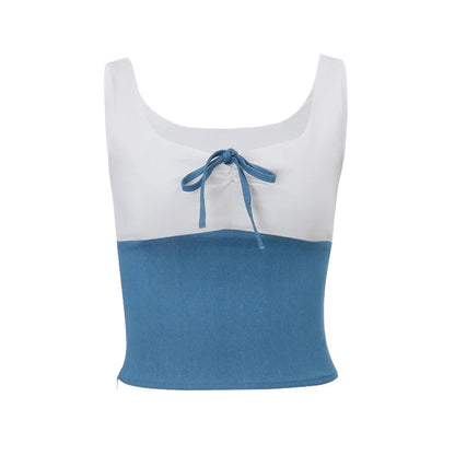 Blue Patchwork Bow Sleeveless Top