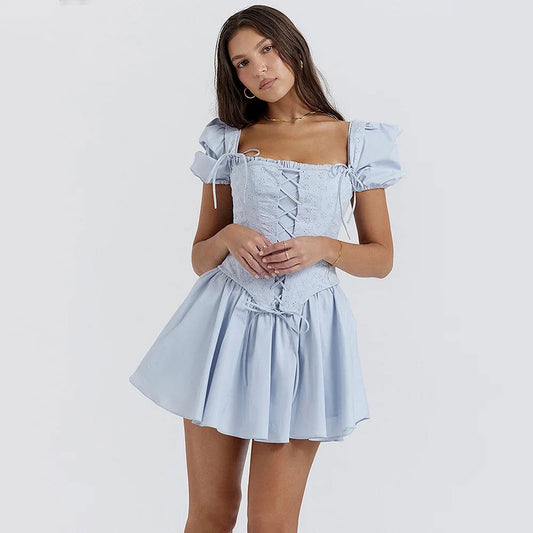 Blue Puff Sleeve Corset Mini Dress