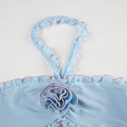 Blue See Through Backless Flower Top