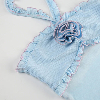 Blue See Through Backless Flower Top
