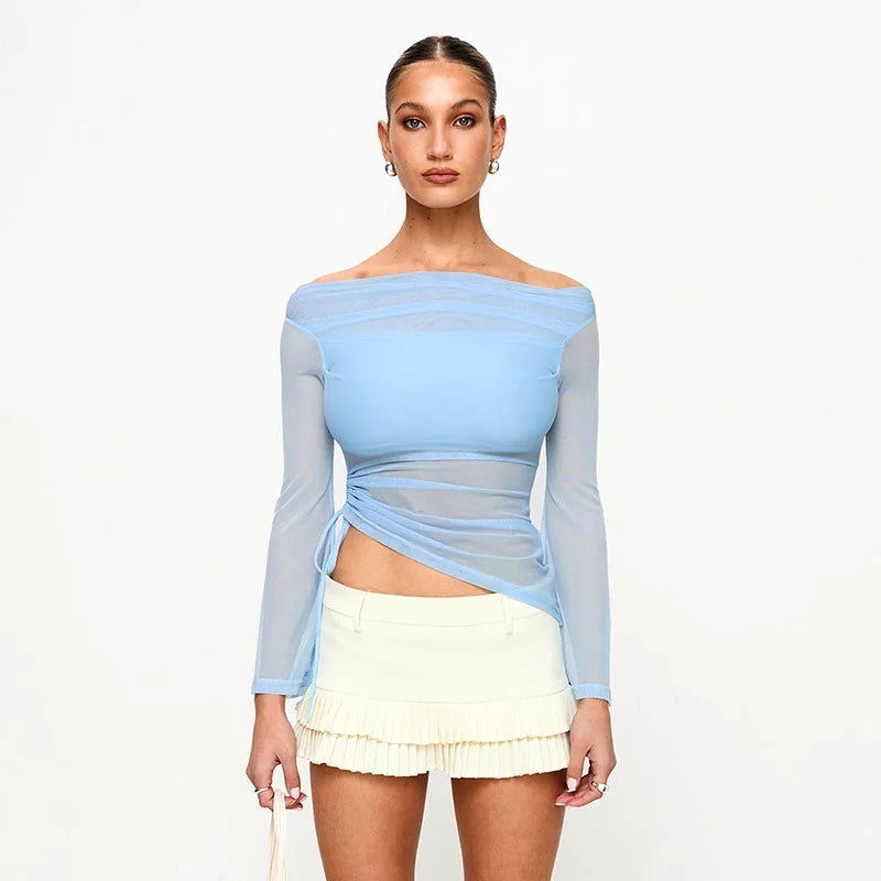 Blue See Through Off Shoulder Top