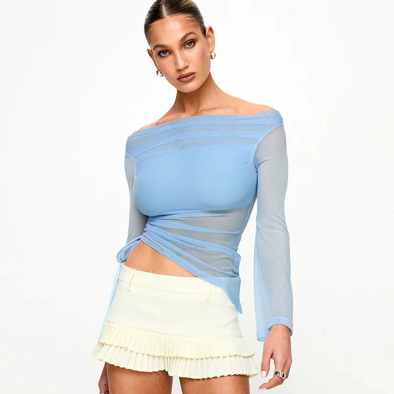 Blue See Through Off Shoulder Top