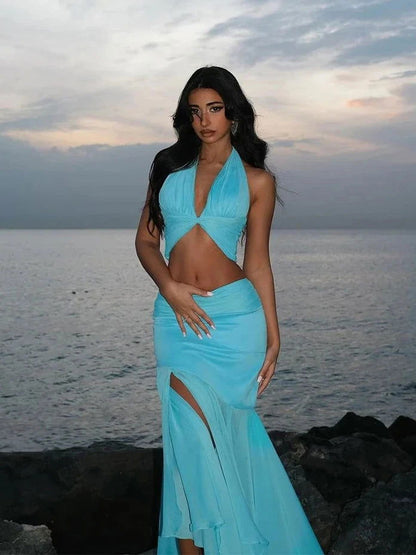 Blue Lace Up V-neck Top & Ruffle Draped Maxi Skirt Set Blue
