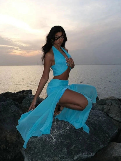 Blue Lace Up V-neck Top & Ruffle Draped Maxi Skirt Set