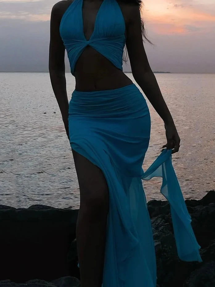 Blue Top Ruffle Draped Maxi Skirt Set