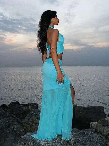 Blue Lace Up V-neck Top & Ruffle Draped Maxi Skirt Set
