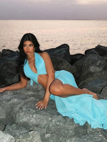 Blue Lace Up V-neck Top & Ruffle Draped Maxi Skirt Set