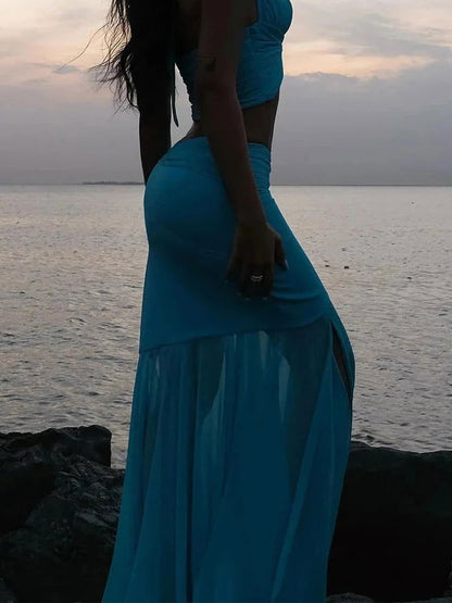 Blue Lace Up V-neck Top & Ruffle Draped Maxi Skirt Set