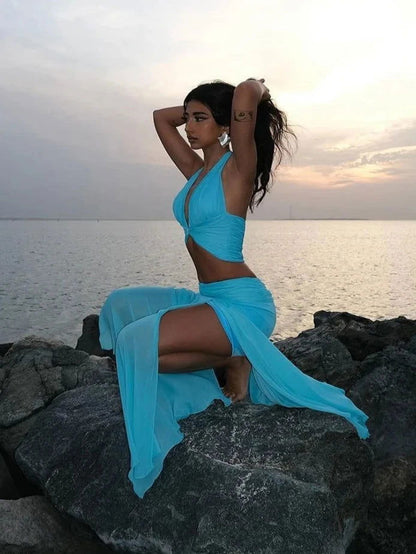 Blue Lace Up V-neck Top & Ruffle Draped Maxi Skirt Set
