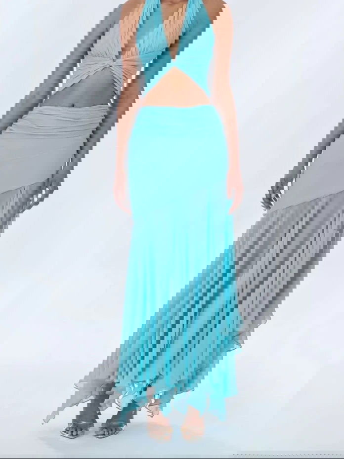 Blue Top Ruffle Draped Maxi Skirt Set