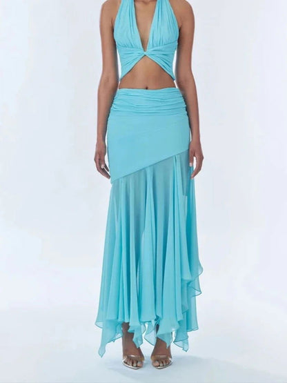 Blue Lace Up V-neck Top & Ruffle Draped Maxi Skirt Set