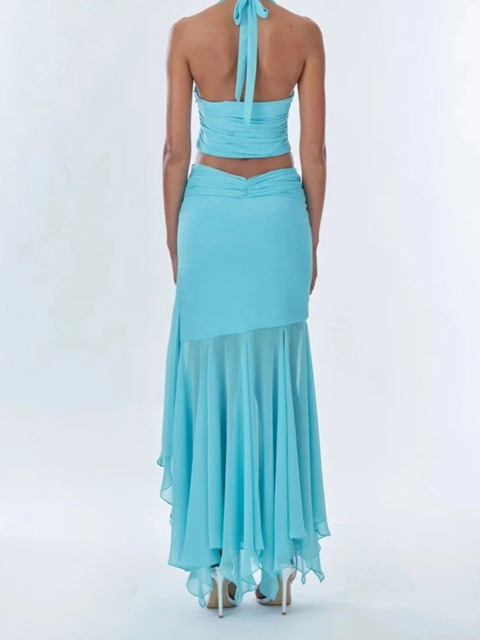 Blue Top Ruffle Draped Maxi Skirt Set