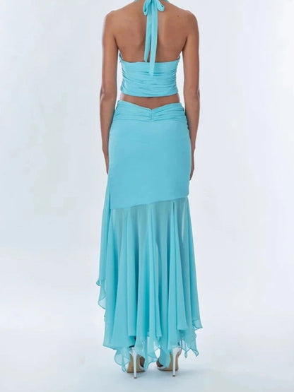 Blue Lace Up V-neck Top & Ruffle Draped Maxi Skirt Set
