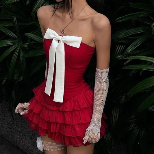 Bow Strapless Top and Ruffle Skirt Two Piece Set