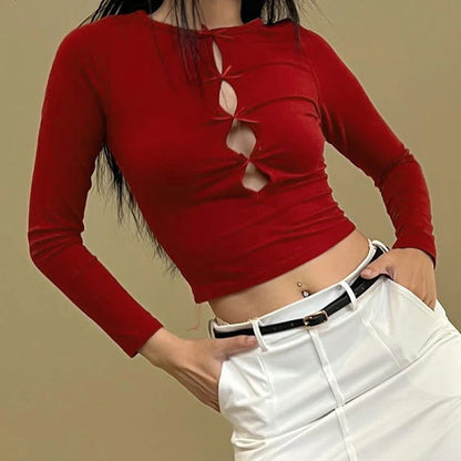 Charming Bow Tie Hollow Top with Butterfly Pattern
