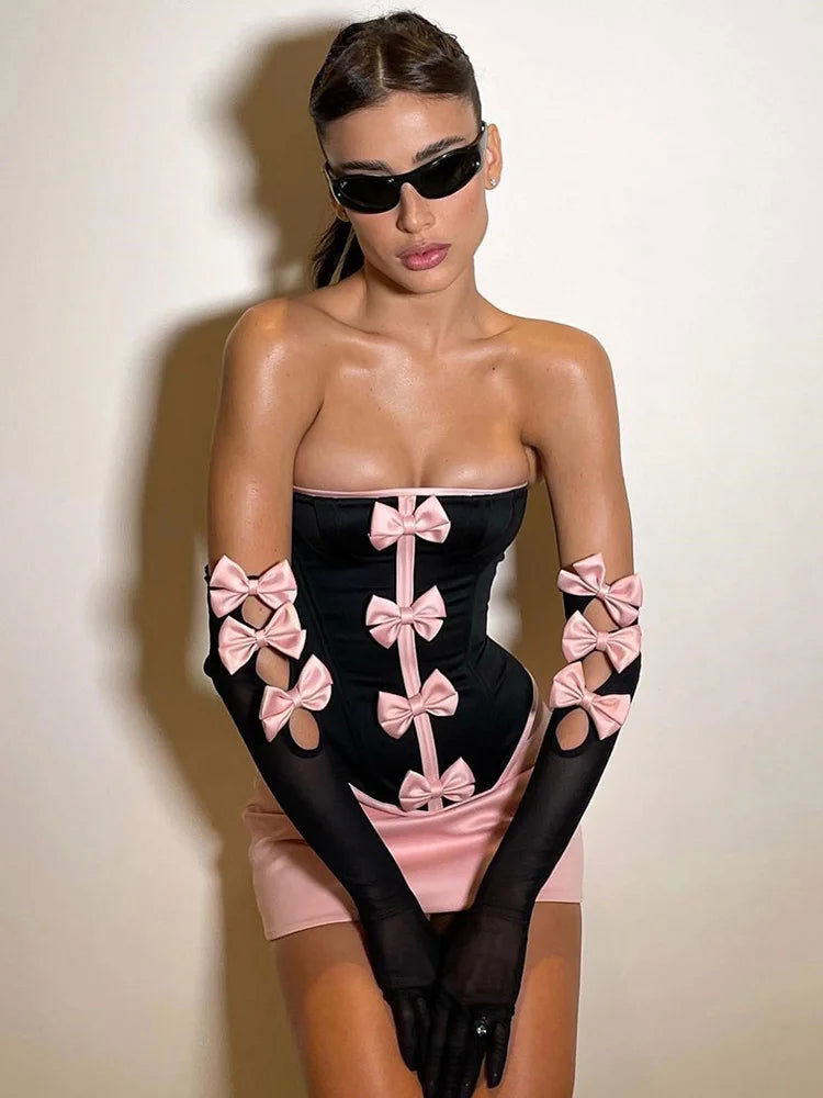 Bows Top and Pink Skirt Set with Black Gloves