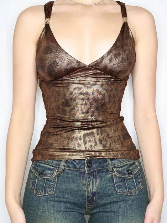 Brown Backless Deep V-Neck Top