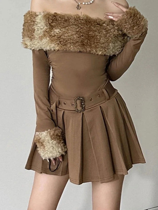 Brown Fur Mini Dress with Belt