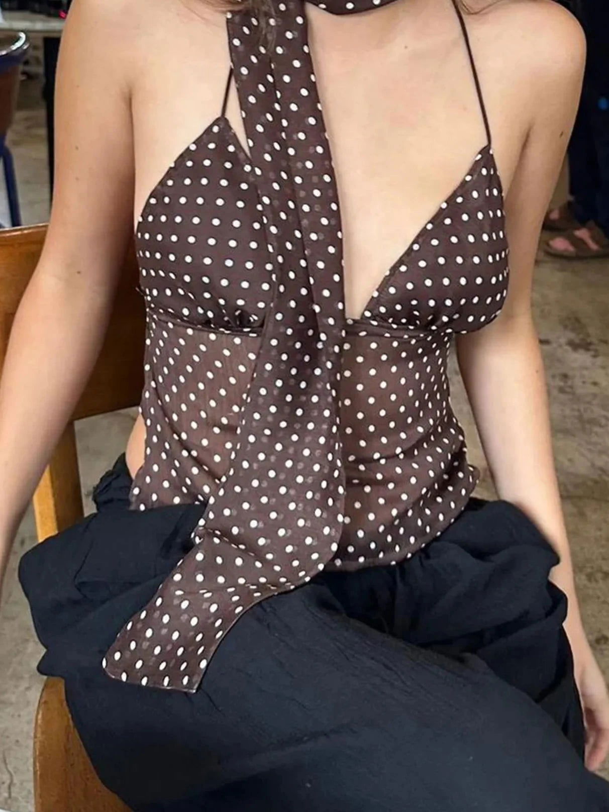Brown Ribbon Polka Dots Top