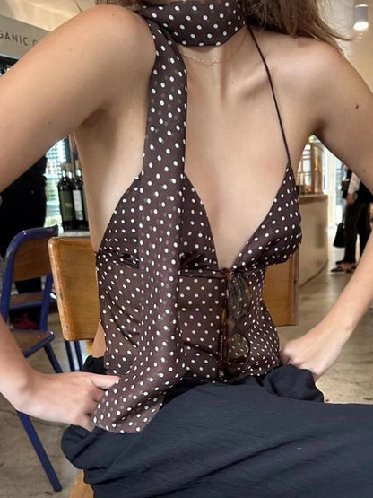 Brown Polka Dot Backless Top with Ribbon Detail