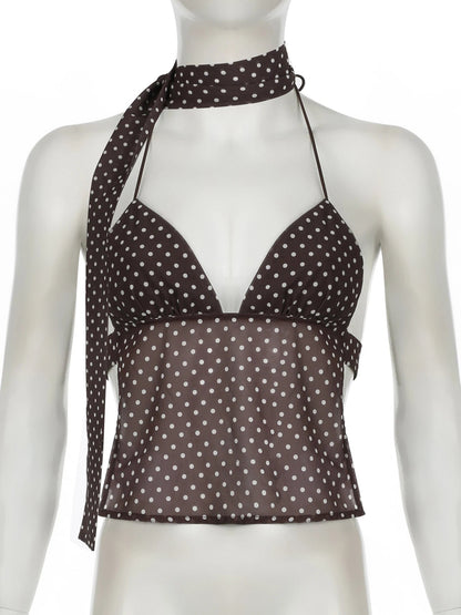 Brown Polka Dot Backless Top with Ribbon Detail