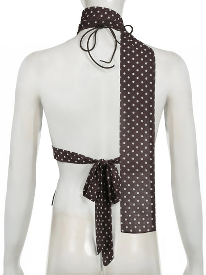 Brown Polka Dot Backless Top with Ribbon Detail