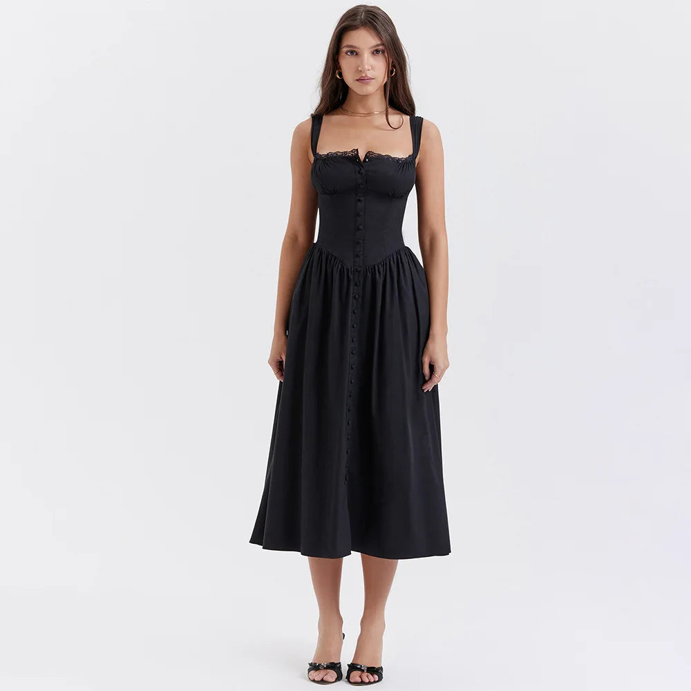 Button Lace Up Midi Dress
