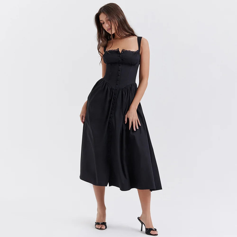 Button Lace Up Midi Dress