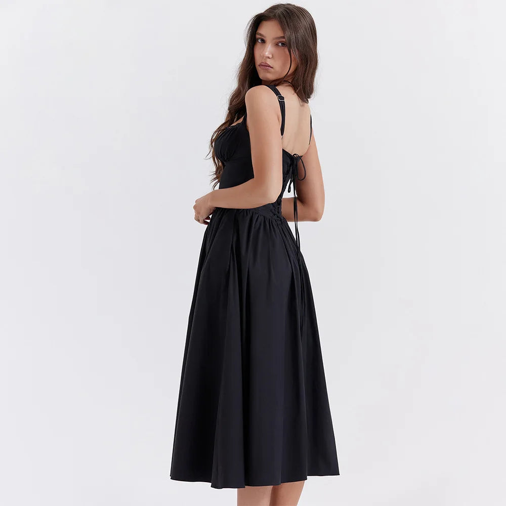 Button Lace Up Midi Dress