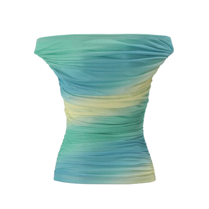 Blue Tie Dye Off Shoulder Slim Ruffle Top
