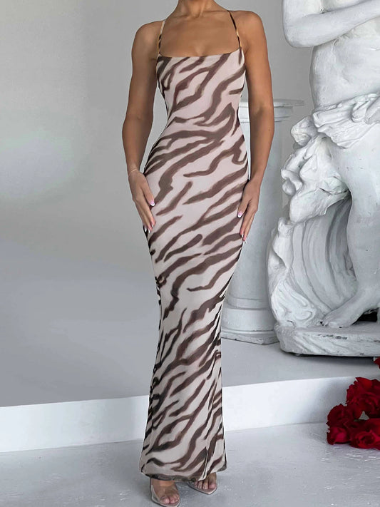 Sleeveless Backless Bodycon Lace Up Zebra Cami Maxi Dress Long Dress