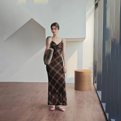Brown Striped Plaid Slim Maxi Dress