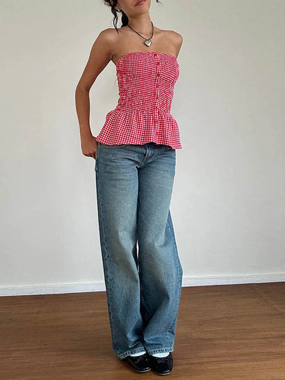 Red Gingham Strapless Crop Top