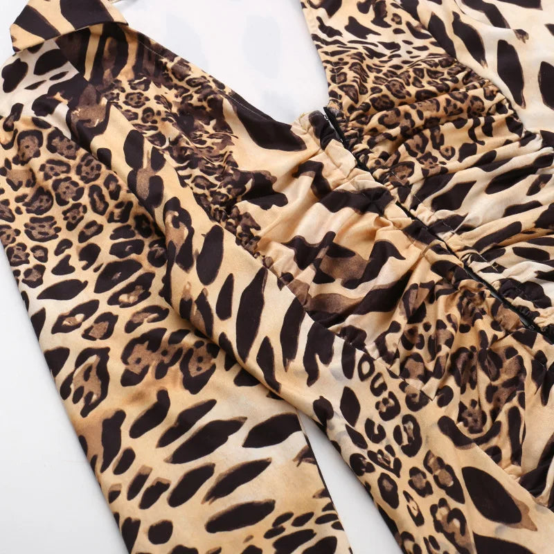 Leopard V-Neck Ruched Long Sleeve Top