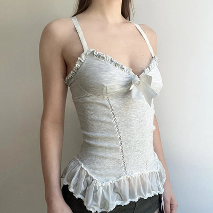 Lace Ruffles Bow Top - Elegant Gray Camis