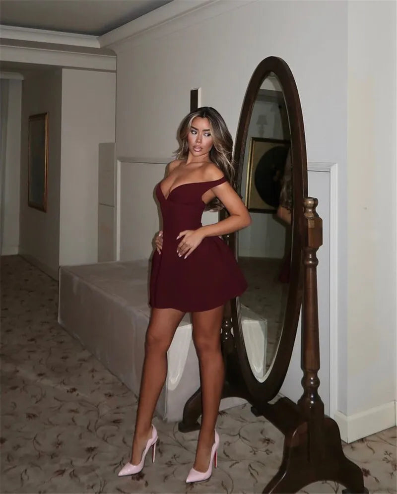 Off-shoulder Backless Mini Dress Wine Red Sleeveless Strapless High Waist A-line Dress