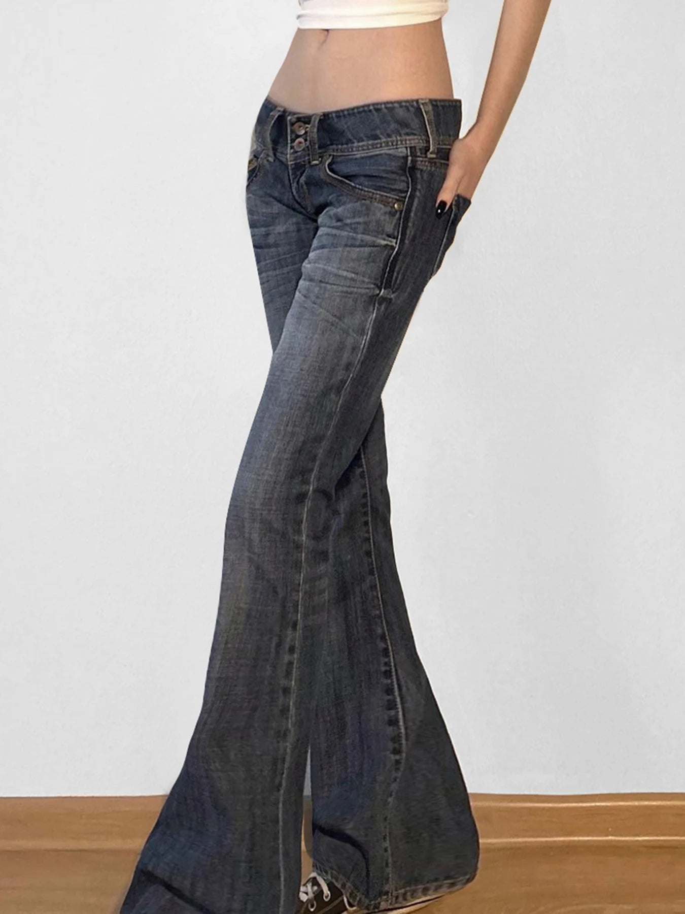 Low Waisted Washed Flared Jeans Button Pants Slim Pockets Bottoms