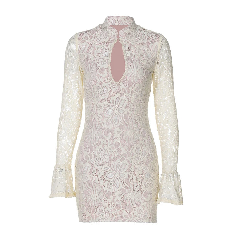 Lace Hollow Out Long Sleeve Mini Dress Half High Collar Bodycon Dress Dresses
