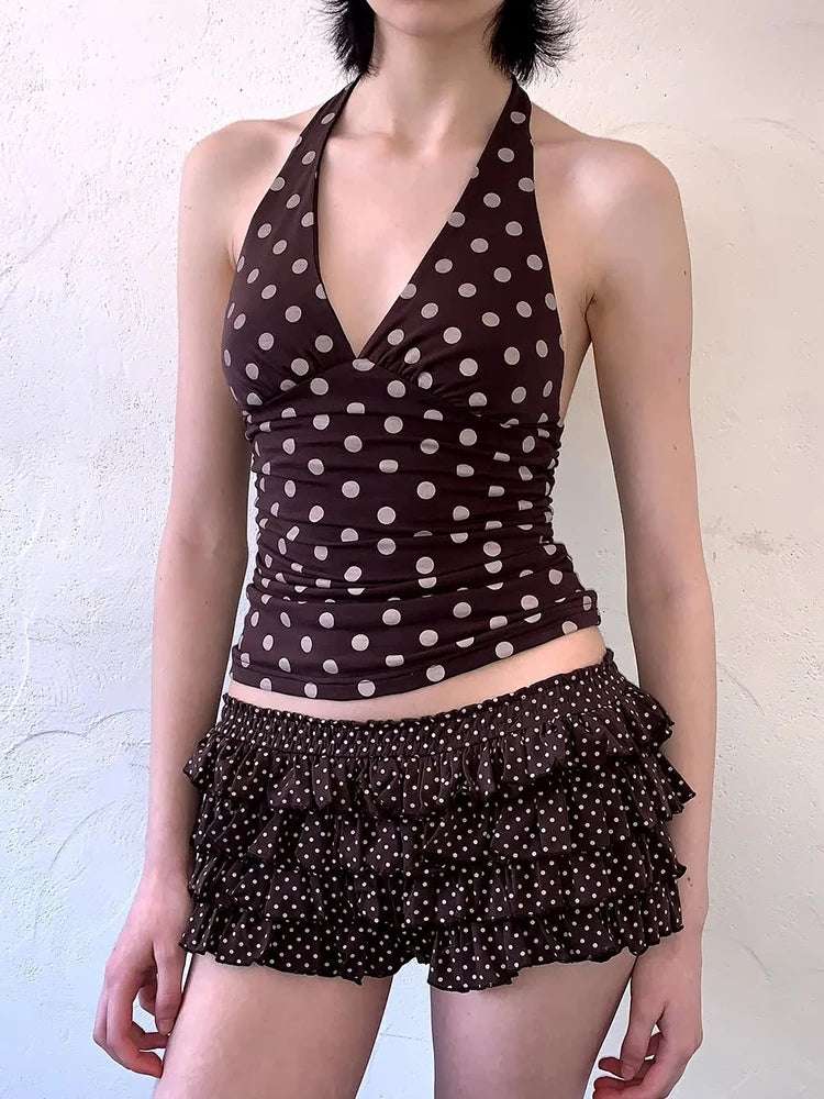 V-Neck Halter Vest - Backless Polka Dot Summer Top Brown