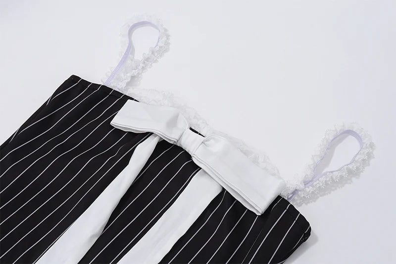 Stripe Print Slip Dress Bow Patchwork Sleeveless Backless Mini Dress