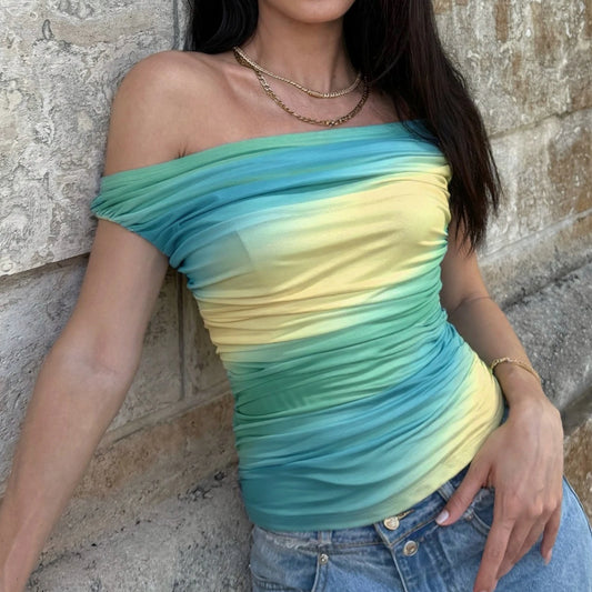 Blue Tie Dye Off Shoulder Slim Ruffle Top