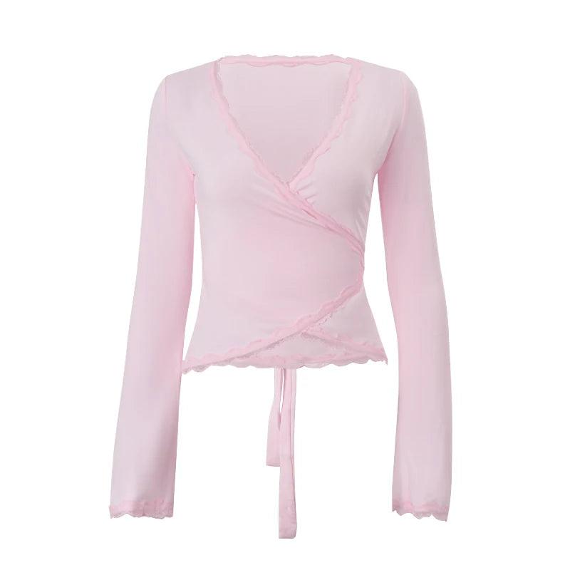 Pink Sheath V-Neck Ruffle Long Sleeve Top