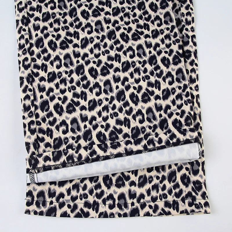 Leopard Patchwork Straight Pant Elatic Wait Trouer Baggy Bottom
