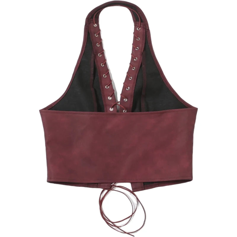 Red PU Sleeveless Halter Backless Top