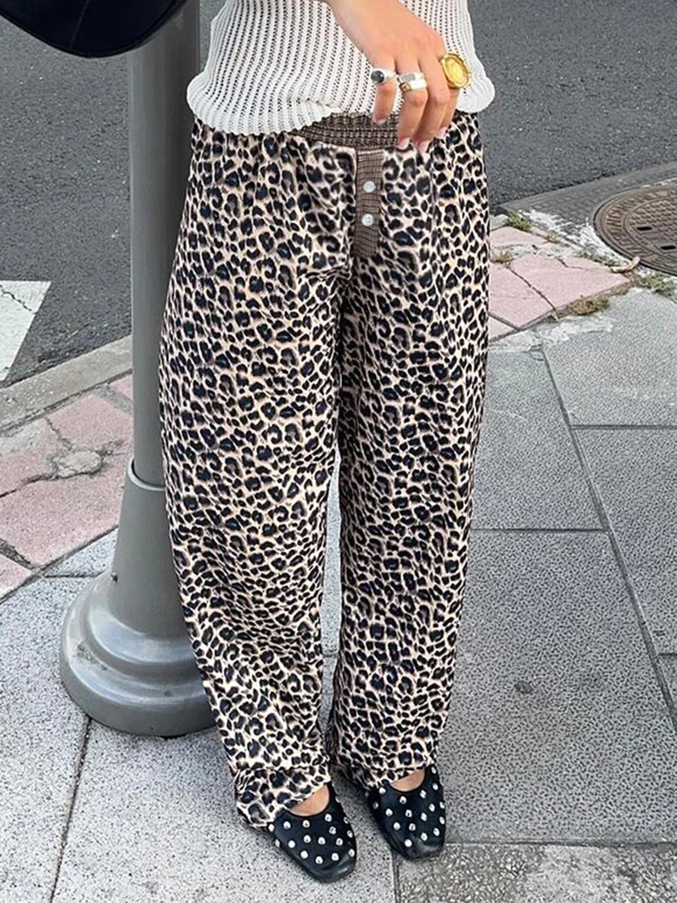 Leopard Patchwork Straight Pant Elatic Wait Trouer Baggy Bottom
