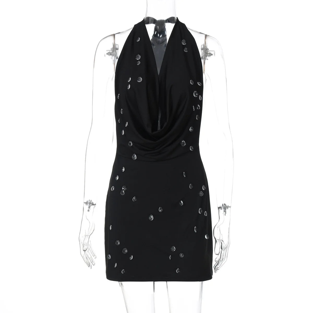 Beaded Mini Dress Plunge Halter High Wait Dress Solid Bodycon Draped