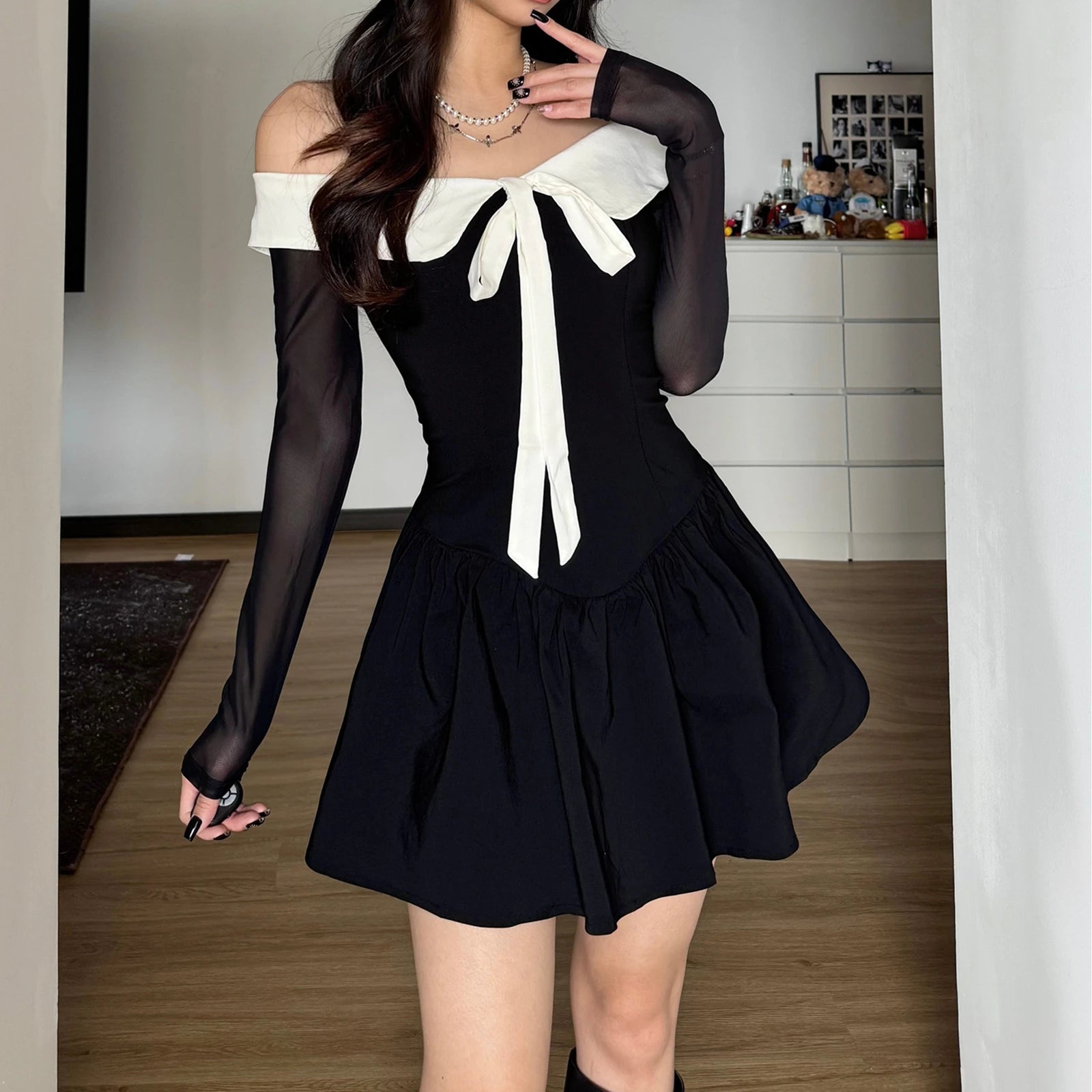 Black Off Shoulder Long Sleeve A-Line Mini Dress