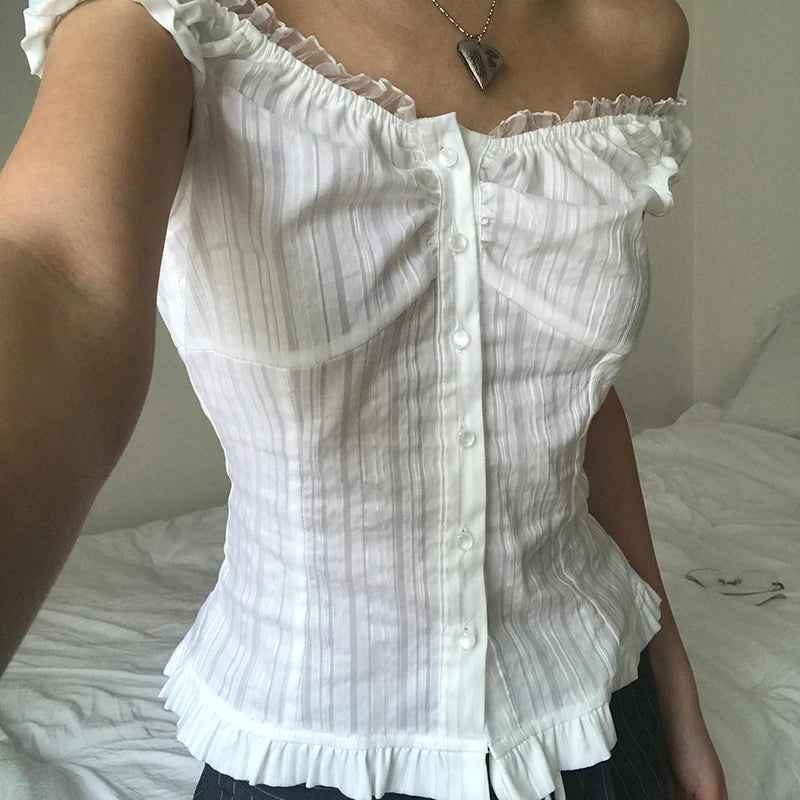White Ruched Lace Top