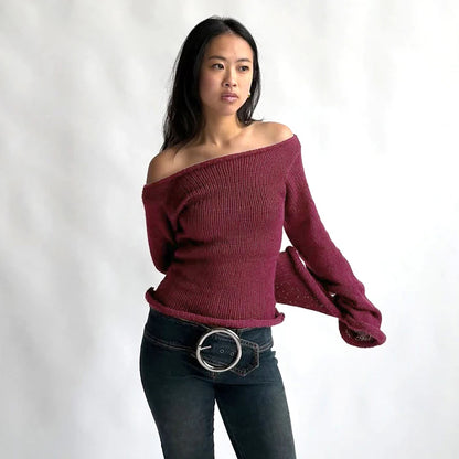 Knit Off Shoulder Slim Long Bell Sleeve Sweater